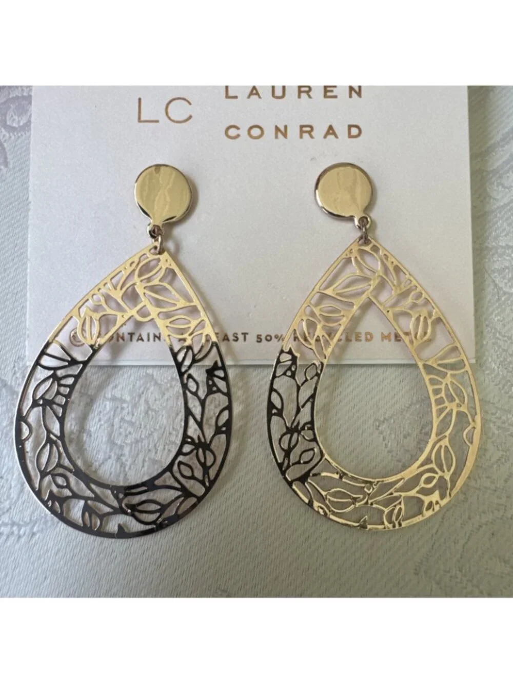 LC Lauren Conrad Earrings Oval Filigree Tree of Life GoldTone Dangle 2